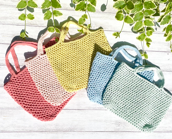 コットン手編み★ミニトートバック★バックインバック★お散歩バッグ(販売9) 2枚目の画像