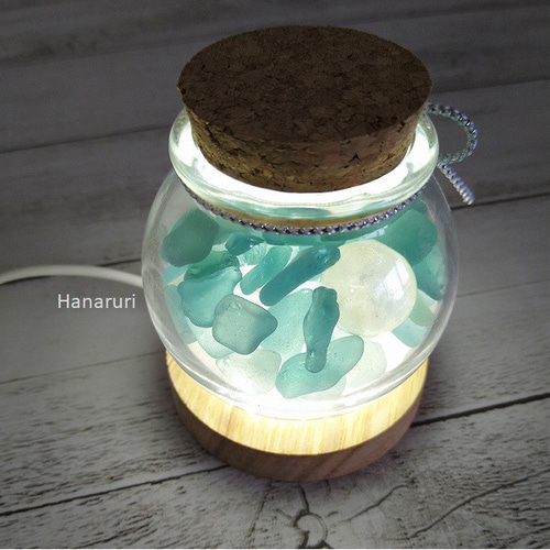 シーグラスオブジェ ブルー 球びん詰め☆手のひらサイズ コルク栓