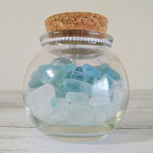 シーグラスオブジェ ブルー 球びん詰め☆手のひらサイズ コルク栓