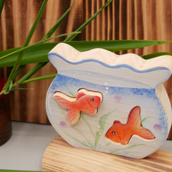 ひのきのミニ金魚鉢飾り（焼きスギ台付）　両面リバーシブル仕上げ 1枚目の画像