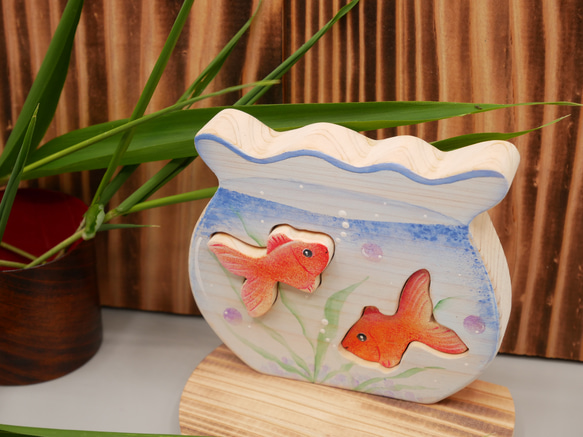 ひのきのミニ金魚鉢飾り（焼きスギ台付）　両面リバーシブル仕上げ 1枚目の画像