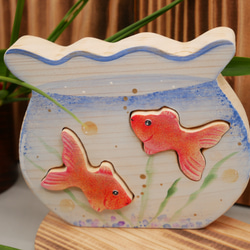 ひのきのミニ金魚鉢飾り（焼きスギ台付）　両面リバーシブル仕上げ 2枚目の画像