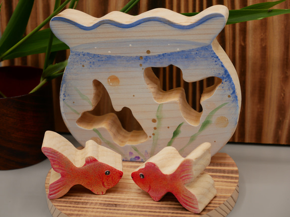ひのきのミニ金魚鉢飾り（焼きスギ台付）　両面リバーシブル仕上げ 4枚目の画像