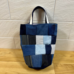 デニムパッチワークミニトートバッグ ハンドメイド トートバッグ