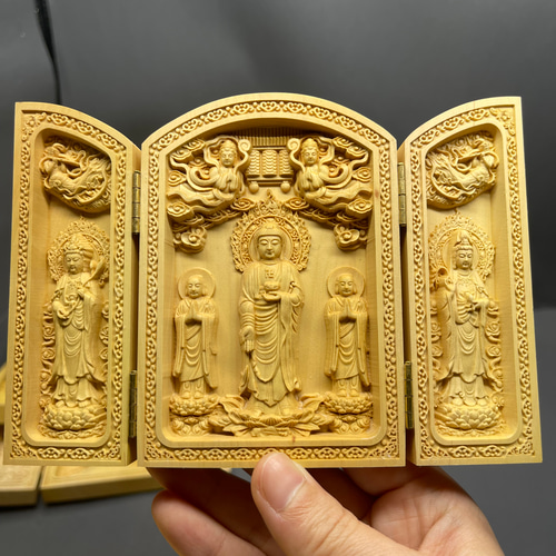 仏教美術 仏像 西方三聖仏像 家内 供養 銅 工芸品 置物 西方三聖 木彫仏像 仏教美術 三開仏 置物 彫刻 芸彫閣 通販 13992747