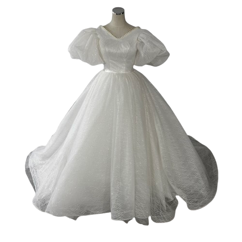 豪華！ ウェディングドレス キラキラグリッターチュール パフスリーブ ビーズ くるみボタン Vネックドレス ブライダル