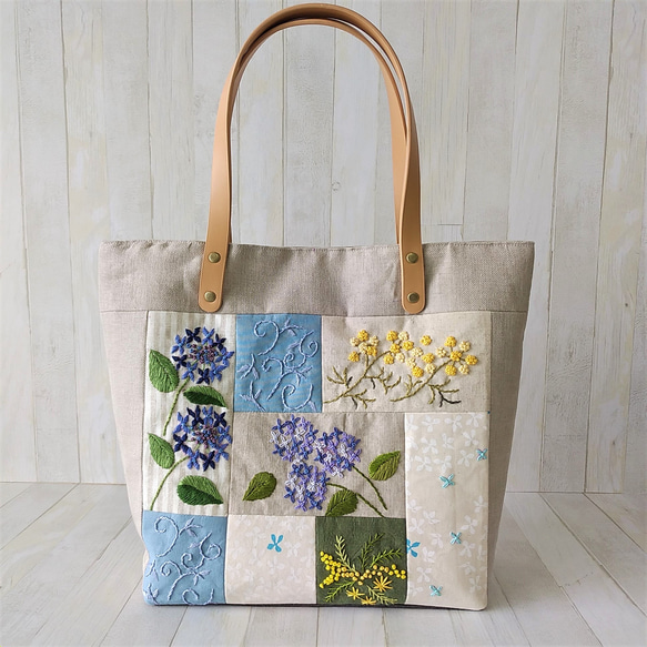 ハンドメイド＊＊手刺繍＊＊肩かけトートバッグ ＊＊紫陽花＊＊ 涼やか