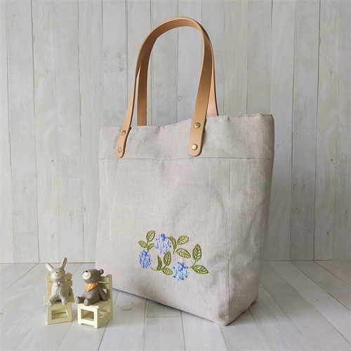 ハンドメイド＊＊手刺繍＊＊肩かけトートバッグ ＊＊紫陽花