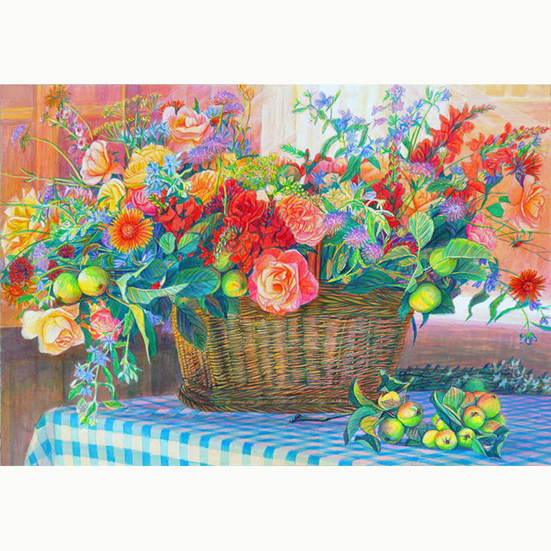 フランス　フラワー　版画　アクリル画　水彩画 　赤　オレンジ　ブラウン　茶色　花