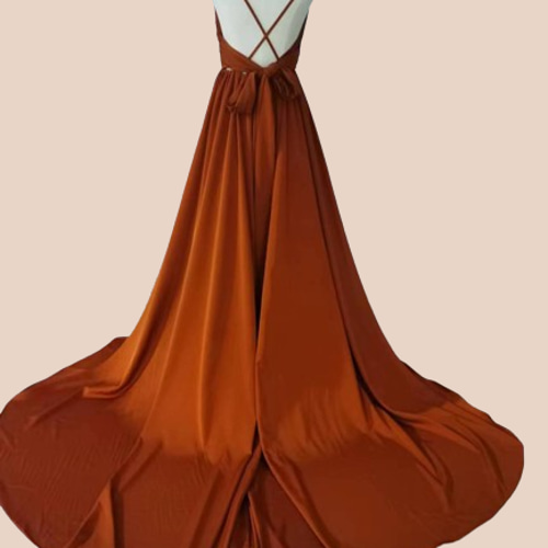 高品質 パーティードレス テラコッタ色 トレーン キャミソール シアー  