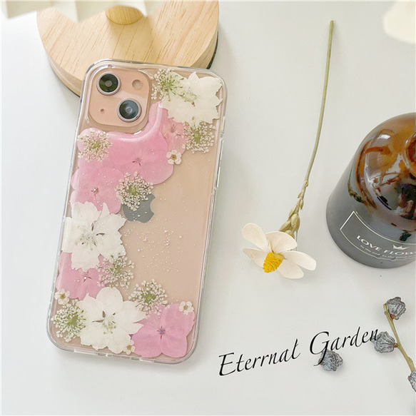 手帳型押し花ケース ピンク系 紫陽花ハンドメイド2022 iPhoneシリーズ 