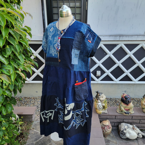 着物リメイク 古布 手作り Boro 型染め 筒描き ワンピース ワンピース