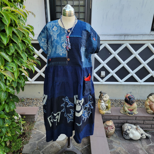 着物リメイク 古布 手作り Boro 型染め 筒描き ワンピース ワンピース  