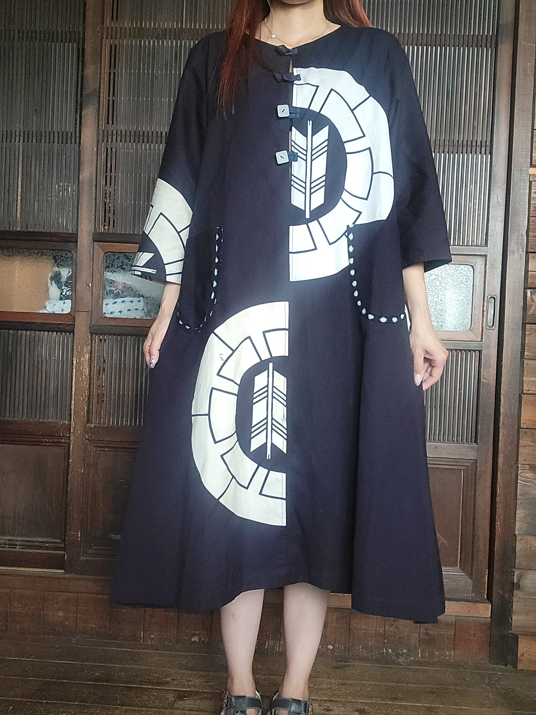 着物リメイク　古布リメイク　ワンピース 着物リメイク #ウール着物リメイク #前開きワンピース #古布