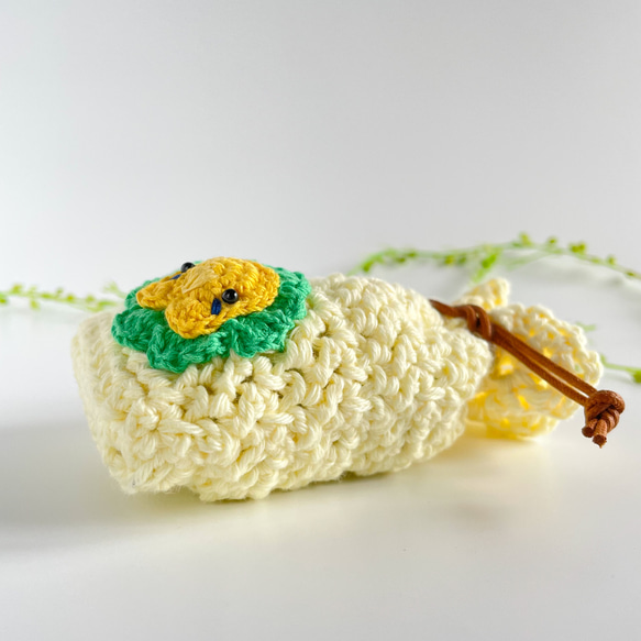モリーの花とセキセイインコちゃんの親子巾着袋♡黄×緑 クリームイエロー 15枚目の画像