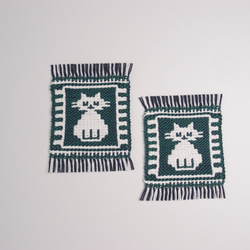 送料無料　手織り ヤノフ村の絵織物　コースター　おすましさん猫 2枚目の画像
