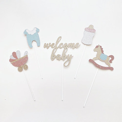 【選べるメッセージ】ケーキトッパー（グリッター）/ welcome baby set   ベビーカー　木馬　ロンパース 1枚目の画像