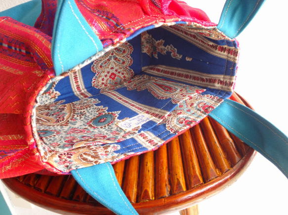 チュニジア布×帆布＊リゾトートバッグ（砂漠のオアシス・ターコイズ） 8枚目の画像