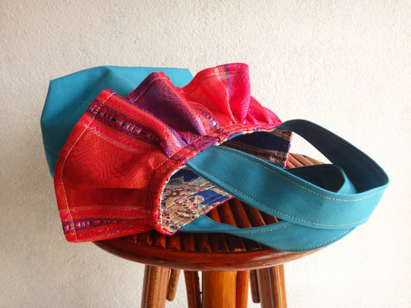 チュニジア布×帆布＊リゾトートバッグ（砂漠のオアシス・ターコイズ） 4枚目の画像