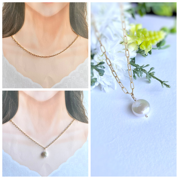 3way 2連 数字チャームと淡水パールのネックレス クリスタル×淡水パール◇2連ネックレス◇14KGF 14kgf 日々の iichi | ネックレス・ペンダント