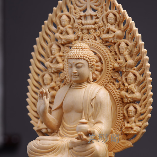 薬師如来座像 木彫仏像 彫刻 桧木材 供養品 仏教美術品 彫刻 芸彫閣