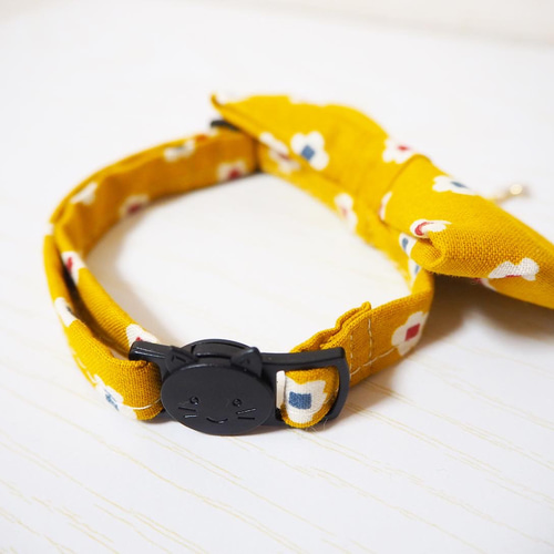 えり付き首輪(花柄 イエロー) セーフティバックル 猫 首輪