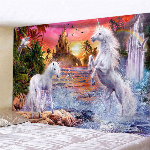 タペストリーF30 ユニコーン 白馬 幻想的 神話 お城 楽園 壁飾り