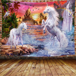 ユニコーンとオークの葉 ヴィンテージ ステンドグラス 天馬 白馬