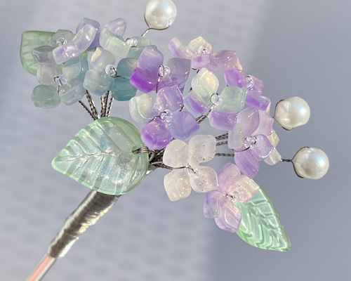 二輪紫陽花のかんざし UV変色パステル系 かんざし メノ工房 通販