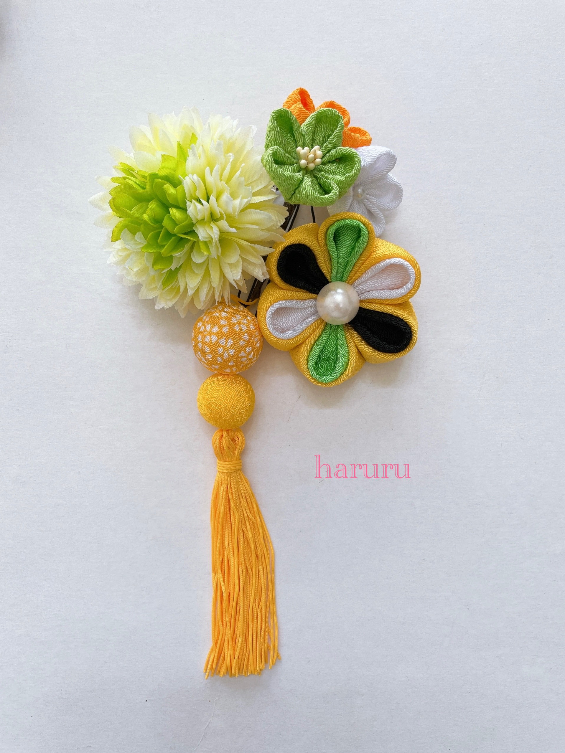 七五三髪飾りセット つまみ細工 7歳 パステルカラー 山吹色×白 5-I