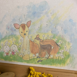 A5サイズイラスト「ある日の奈良」鹿さんおやこ　仔鹿ちゃん 2枚目の画像
