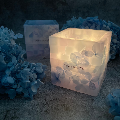春 紫陽花のキャンドルホルダー Happy Flower glass candle Blue 𖦞夏季限定（キャンドル