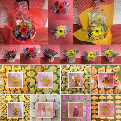虹色ピカピカ陶器に赤いガーベラのプリザーブドフラワーアレンジと野菜や果物を使った焼き菓子２袋のギフトセット 8枚目の画像