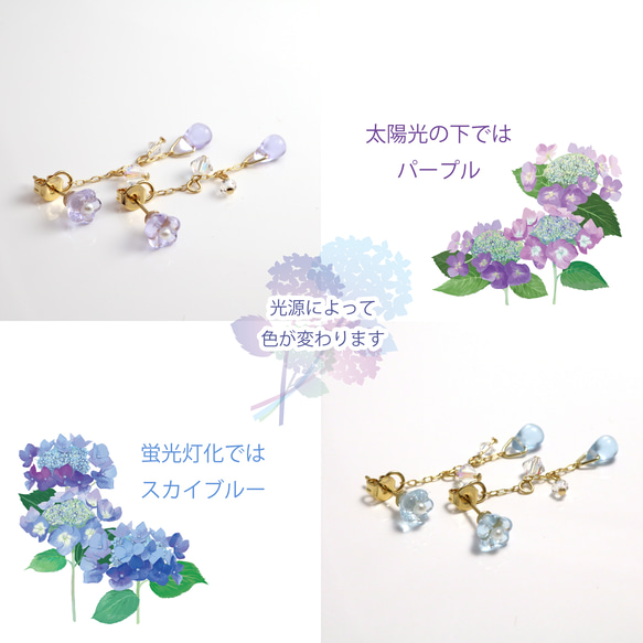 2way　色変わり　紫陽花のピアス　一輪　雨粒のバックキャッチ　Czechbeads 4枚目の画像