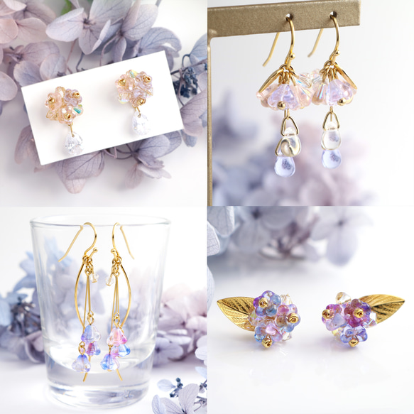 色変わり　紫陽花と雨粒のネックレス　Czechbeads　Swarovski Crystals 7枚目の画像