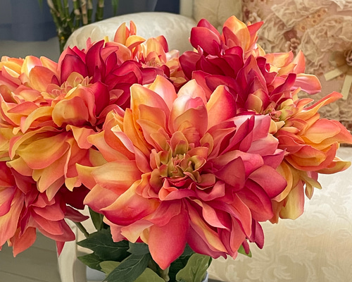 アーティフィシャルフラワー　造花アレンジメント ピンクオレンジ 183 2本組大輪のシルクのダリアオレンジ系、アーティフィシャル