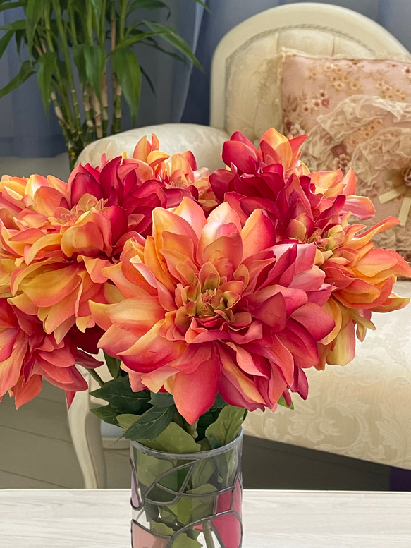 183 2本組大輪のシルクのダリアオレンジ系、アーティフィシャル