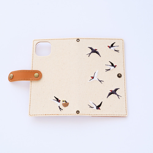 全機種対応 スマホケース 手帳型 【 刺繍 帆布 ツバメ 】 レザー