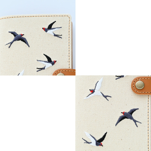 全機種対応 スマホケース 手帳型 【 刺繍 帆布 ツバメ 】 レザー