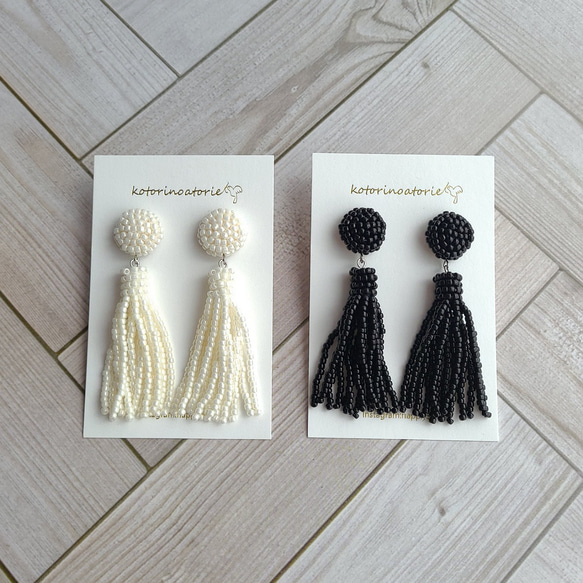 ビーズ刺繍♡サークルモチーフとタッセルのシンプルピアス 8枚目の画像