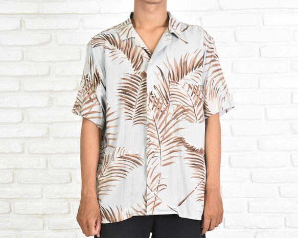 再販　メンズヤシの葉柄オープンカラーシャツ　開襟シャツ　アロハシャツ　グレー 2枚目の画像