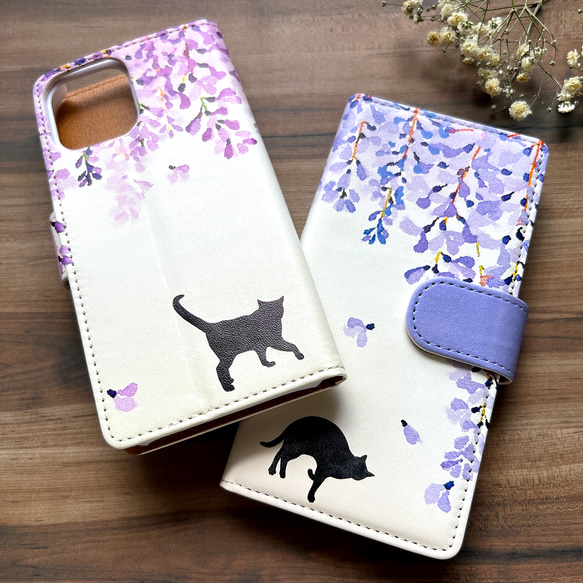 黒猫と藤の手帳型スマホケース（藤紫/ベルトあり） 猫 iphone15 iphone14 iphone13 SE3 他 9枚目の画像