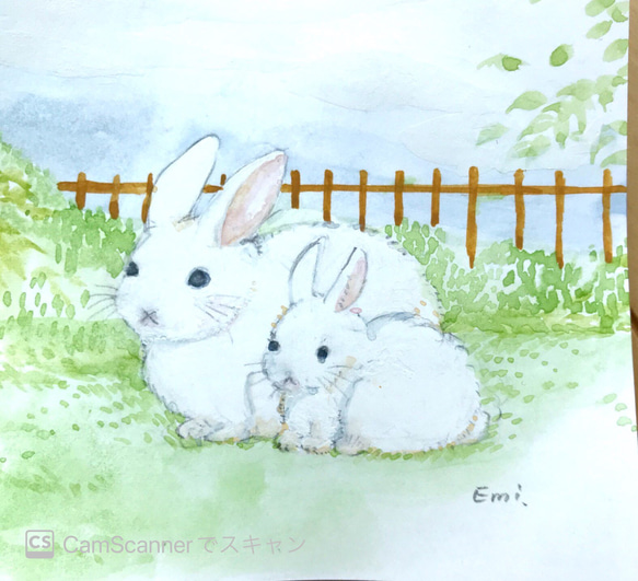 水彩画　ウサギの親子 3枚目の画像