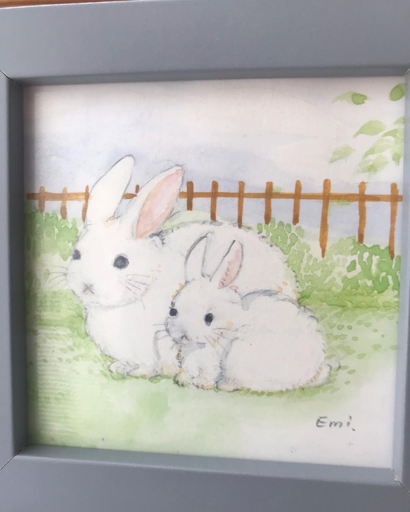 水彩画　ウサギの親子 2枚目の画像