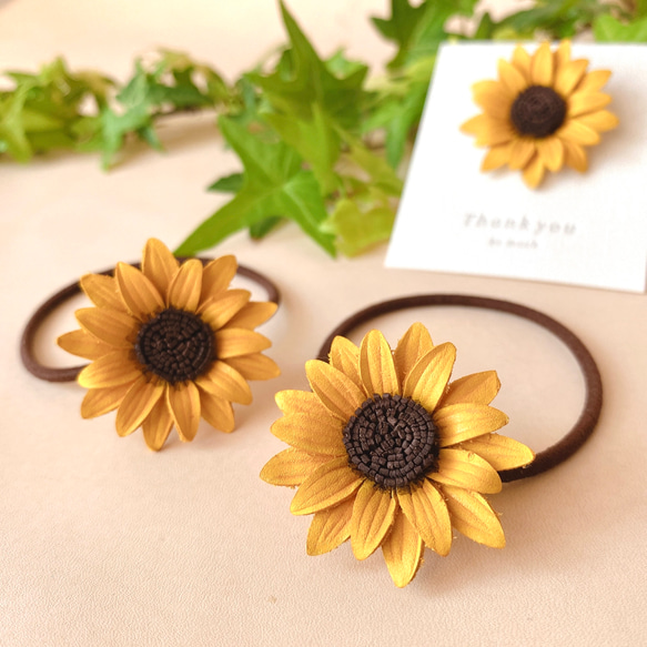 向日葵・ひまわり/革花ヘアゴム・ヘアアクセサリー*夏イエロー/プチ