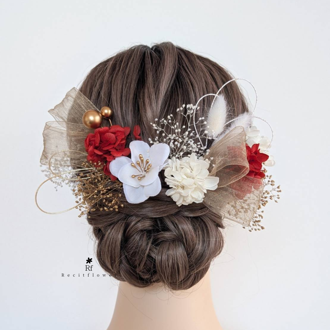 髪飾り 成人式 卒業式 結婚式  ドライフラワー 水引 赤 リボン RC01