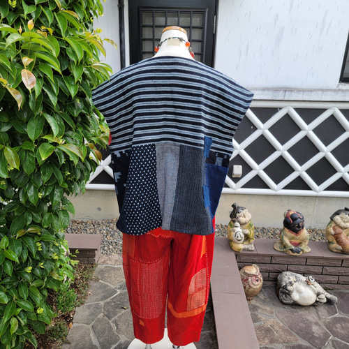 着物リメイク 古布 手作り 縞 型染め 刺し子 パッチ ベスト ワンピース