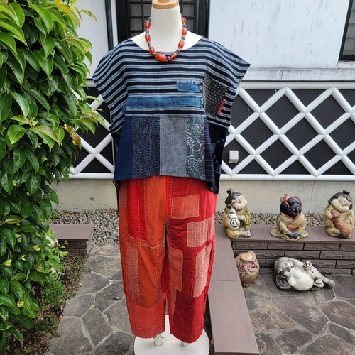 着物リメイク 古布 手作り 縞 型染め 刺し子 パッチ ベスト ワンピース