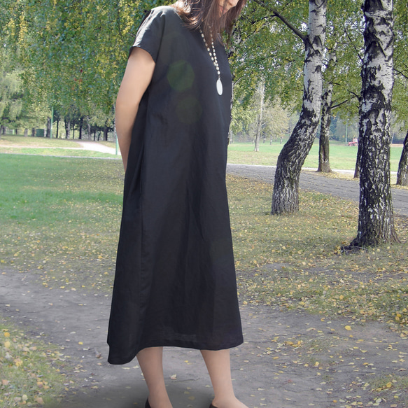 PSNY 麻亞麻黑色側邊褶皺連身裙法式袖超長兼容 AP10 第6張的照片
