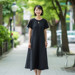 PSNY 麻亞麻黑色側邊褶皺連身裙法式袖超長兼容 AP10 第1張的照片